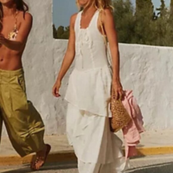 Free People In My Dreams Midi Smocked Asymmetrical Tie Tiered Dress S - Picture 1 of 7